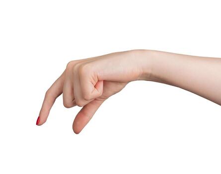 A hand using two fingers to hold and measure an invisible, small object. The gesture, with thumb and photo