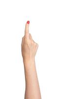 Right hand of a lady with red nail varnish, index finger extended to point and indicate. Gesture photo