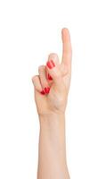 Finger pointing, hand gesture for indicating or selecting. Isolated on white background, showing an photo