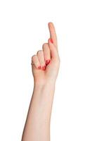 Finger pointing, hand gesture for indicating or selecting. Isolated on white background, photo