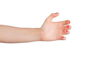 hand and arm gesture designed to hold or present an invisible object or product. The hand is in a photo
