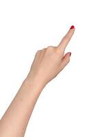 A closeup of a Caucasian hand with an outstretched index finger, pointing to the side. The gesture photo
