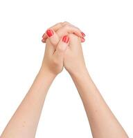 Intertwined hands with fingers clasped, symbolizing unity and support. Gesture of approval, peace, photo
