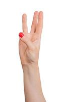 A hand showing the number three with three fingers index, middle, and ring raised, isolated photo