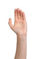 hand waving hi or bye, palm facing front, red manicured nails. Isolated on white background. Gesture photo