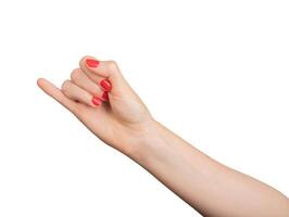 Pinky finger raised in a gesture of communication. Isolated on white background, closeup of a womans photo