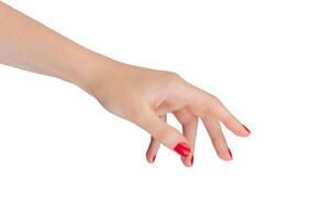 Hand with a bent index finger, pointing and clicking an invisible button. Isolated on a white photo