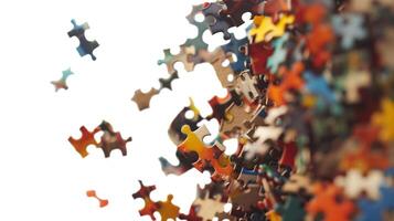 Puzzle jigsaw piece game background concept idea challenge match pattern. Toy solution connect photo