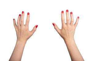 A white hand in a VR virtual reality perspective, reaching forward with a grasping gesture, as if to photo