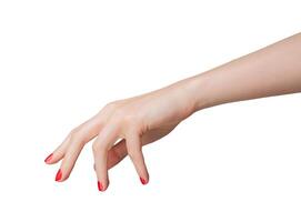 Hand with a bent finger, pointing and gesturing as if clicking an invisible button. Isolated on a photo