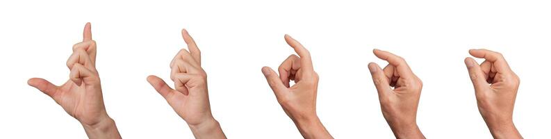 Showing size with hand gesture, small to large. finger movements, measuring. Isolated on white photo