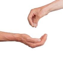 Hands giving, and cup-shaped palm taking and begging isolated on white background photo