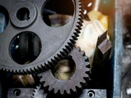 Engine gears wheels and auto parts engine machinery components at heavy industry manufacturing factory. photo