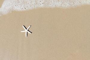Starfish with white foam on sand beach, beautiful natural scene of tropical summer sand beach background for relaxing vacation, blue ocean waves crashing on sand beach island with copy space photo