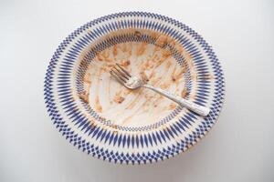 An empty dirty plate with a fork. photo