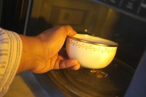 A comprehensive manual on the proper procedure for heating a ceramic bowl in a microwave oven photo
