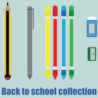Back to school collection. Includes pencil, pen, eraser, sharpener and crayon colors, suitable for sign and banner and printing tool, stationary illustration, good for educational content vector