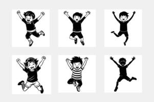 White background artwork set of joyful little children jumping silhouette vector