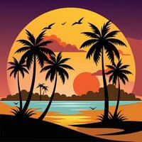 a palm tree beach with sunset vector