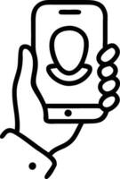 hand holding a smartphone with a person on the screen vector