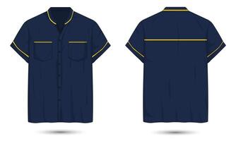 Dark blue button down work shirt mockup with yellow stripes front and back view vector