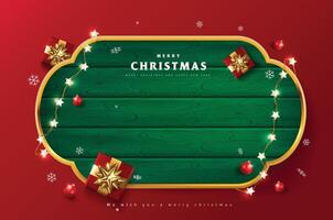 Merry Christmas sign banner green wood frame with empty space and festive decoration on red background vector