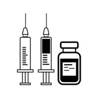 Empty syringe for injection, syringe with vaccine, vial of medicine. Black and white flat design. vector