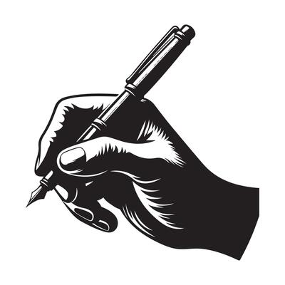 Hand Holding Pen Writing silhouette. Hand with pen writing drawing silhouette