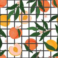 Peach fruit seamless pattern. Summer tropical vibe with white background and black outline checkered mesh for fabrics, wrapping paper, decorative pillows. vector