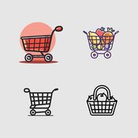 Shopping cart icon set. Flat design, outline and colored version. vector