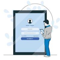 man enters username, password, personal data, access key, account login details, website, social networks, app. Guy signs up on Internet. Data protection, security in smartphone with shield. vector
