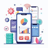 Mobile online data monitoring, analysis and management illustrations vector