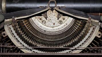 Closeup shot of types and mechanism of retro typewriter photo