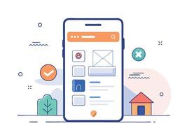 Illustration Mobile Wireframe Idea with Minimalist Design Showcasing Various UI Elements vector