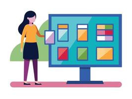 Young girl selected box on computer monitor. Modern technologies and services, Cartoon UI elements vector
