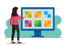 Young girl selected box on computer monitor. Modern technologies and services, Cartoon UI elements vector