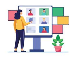 Young girl selected box on computer monitor. Modern technologies and services, Cartoon UI elements vector