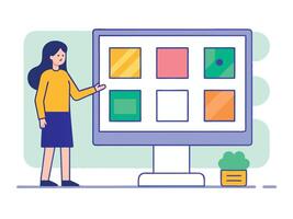 Young girl selected box on computer monitor. Modern technologies and services, Cartoon UI elements vector