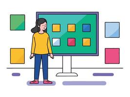 Young girl selected box on computer monitor. Modern technologies and services, Cartoon UI elements vector