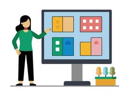 Young girl selected box on computer monitor. Modern technologies and services, Cartoon UI elements vector