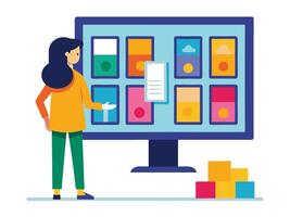 Young girl selected box on computer monitor. Modern technologies and services, Cartoon UI elements vector