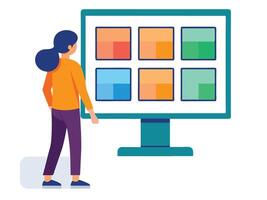 Young girl selected box on computer monitor. Modern technologies and services, Cartoon UI elements vector