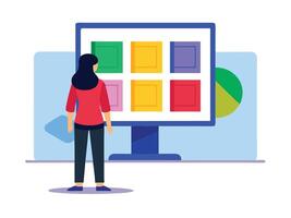 Young girl selected box on computer monitor. Modern technologies and services, Cartoon UI elements vector