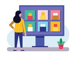 Young girl selected box on computer monitor. Modern technologies and services, Cartoon UI elements vector