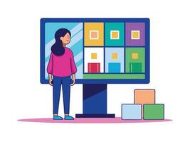 Young girl selected box on computer monitor. Modern technologies and services, Cartoon UI elements vector