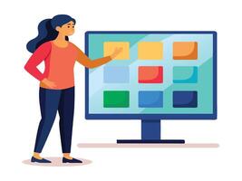 Young girl selected box on computer monitor. Modern technologies and services, Cartoon UI elements vector