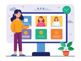 Young girl selected box on computer monitor. Modern technologies and services, Cartoon UI elements vector