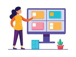 Young girl selected box on computer monitor. Modern technologies and services, Cartoon UI elements vector