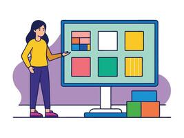 Young girl selected box on computer monitor. Modern technologies and services, Cartoon UI elements vector