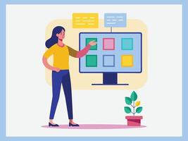 Young girl selected box on computer monitor. Modern technologies and services, Cartoon UI elements vector